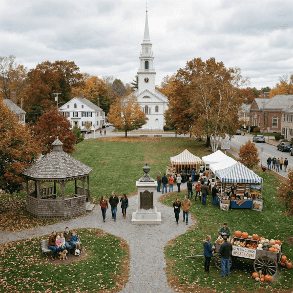 Historic Connecticut town green with colonial church steeple — Yankee Roofing service area