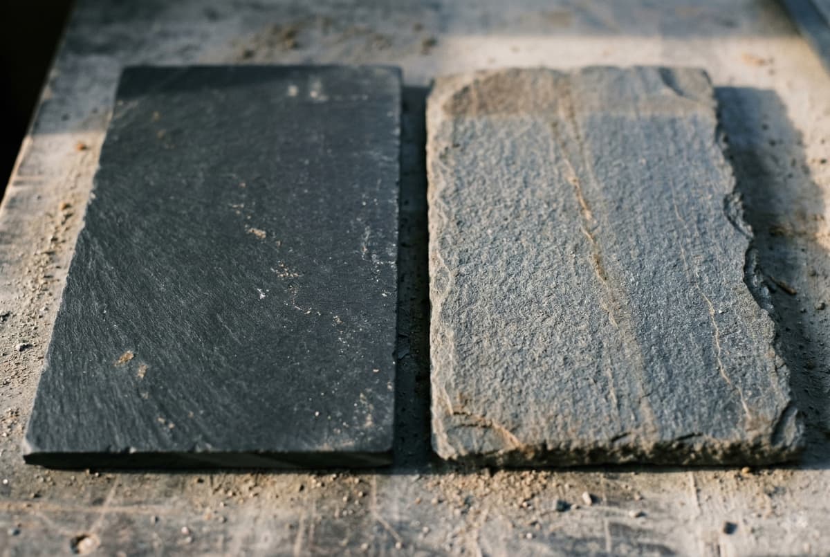 Side-by-side comparison of hard and soft slate roofing tiles showing texture and density differences`