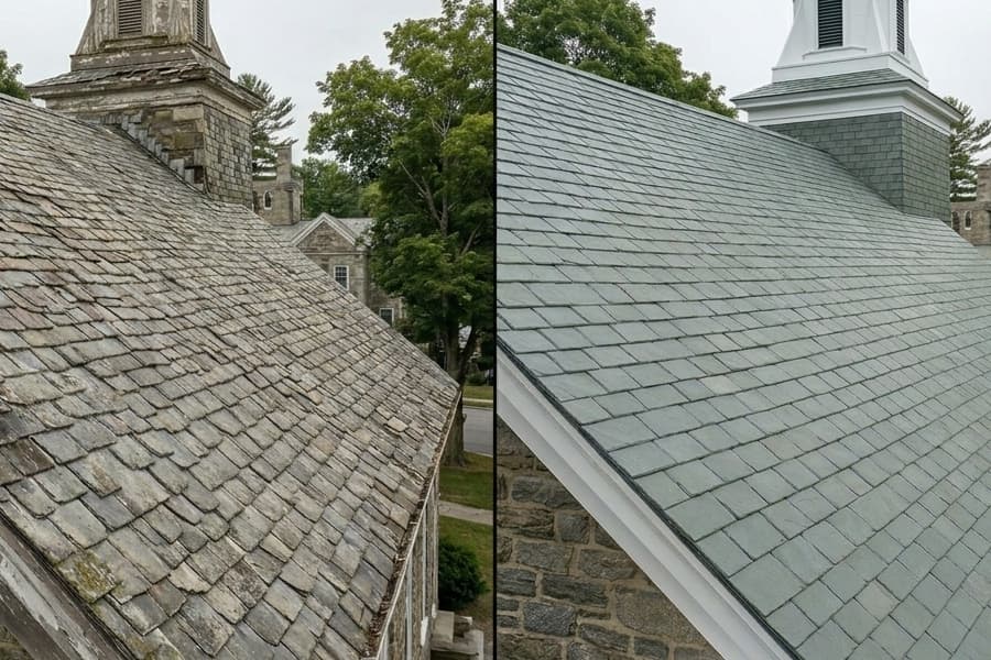 Slate Roof Restoration Before and After — Historic Church Connecticut and Hudson Valley