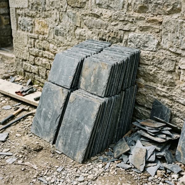 Reclaimed Vermont slate roofing tiles sorted and staged for reuse during a historic roof restoration