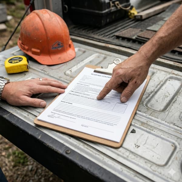 Contractor and homeowner reviewing roofing contract and workmanship warranty terms.