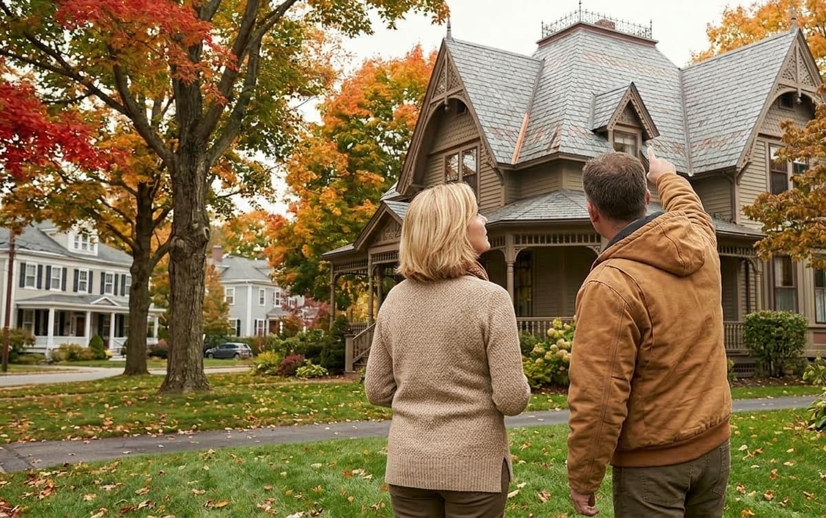Roofing contractor reviewing inspection paperwork with a homeowner on a Connecticut colonial