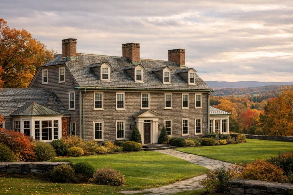 Historic New England estate with natural slate roof and copper gutters, Connecticut